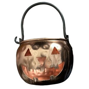 Halloween Copper Metal Jack-O-Lantern Pumpkin Candy Candle Holder Decor